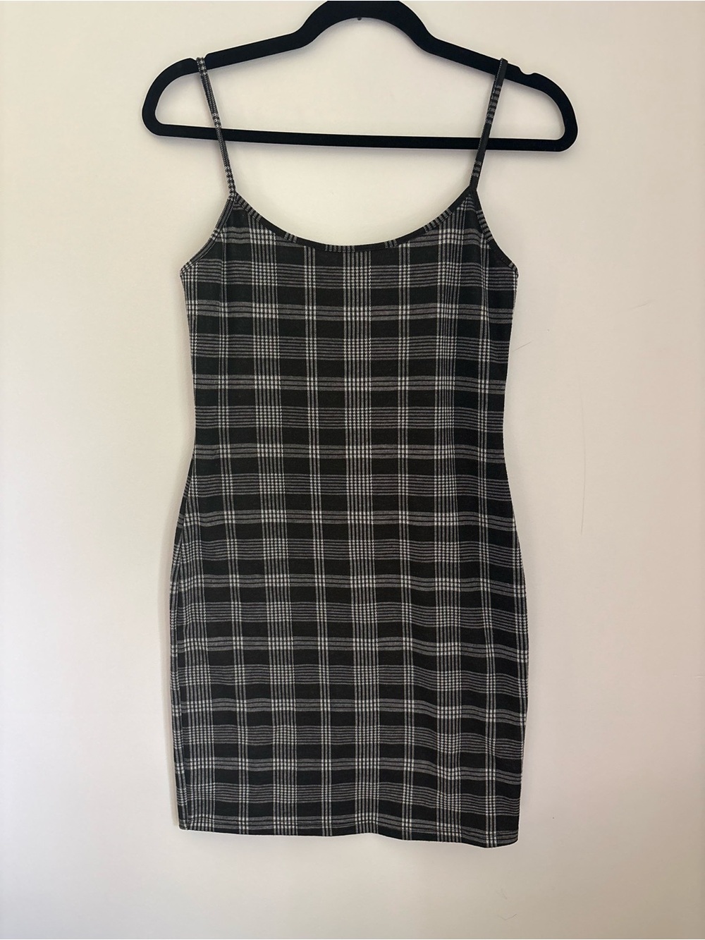 Black and Gray Plaid Mini Slip Dress with Thin Straps